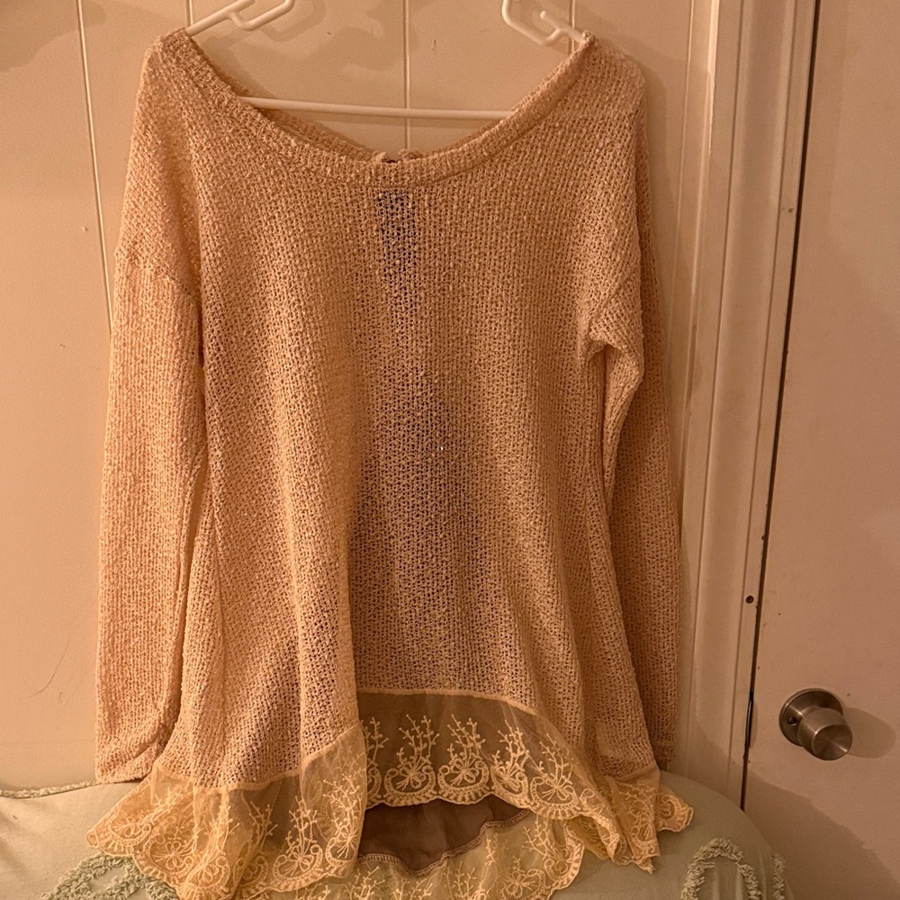 A'Reve Cream Open-Knit Sweater Tunic with Lace Hem